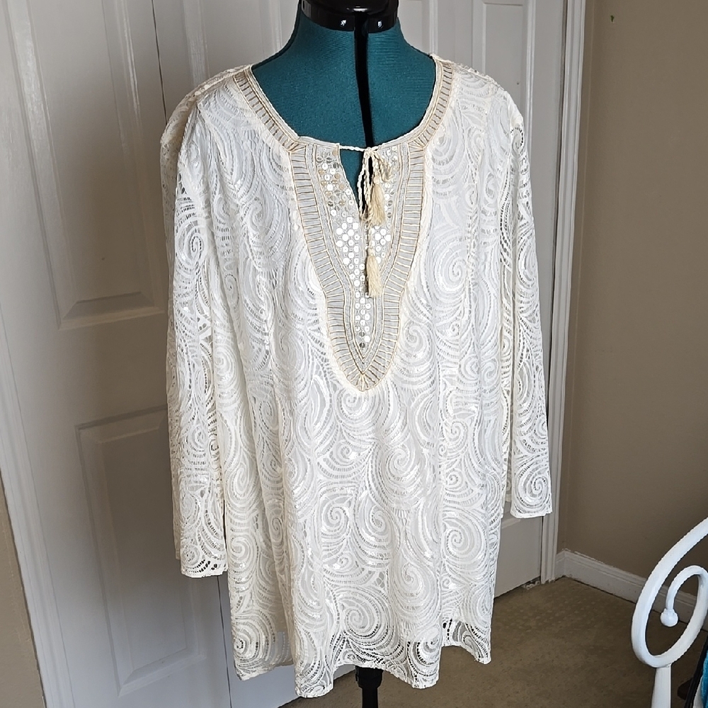 Reba Women White Lace Tunic Top Size 2X